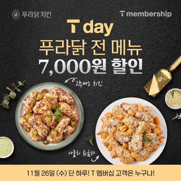 푸라닭 치킨(대표이사 장성식)이 SKT T멤버십 회원을 대상으로 한 11월 ‘T day’ 프로모션을 진행한다.